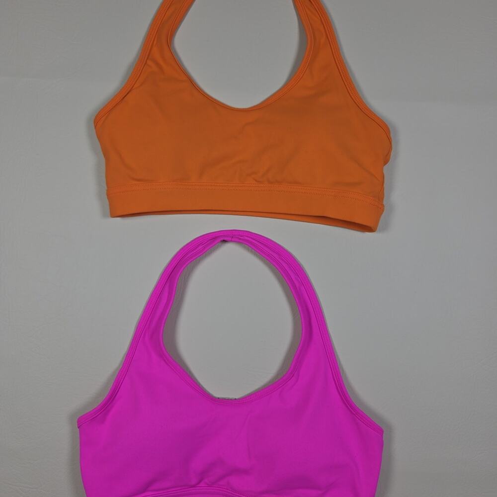 Diosa Fit Thalia Open Back Halter Sports Bra Neon Orange Pink Bundle Size